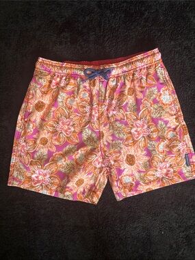 Unisex Floral Swim Shorts in Brown, Orange & Fuschia